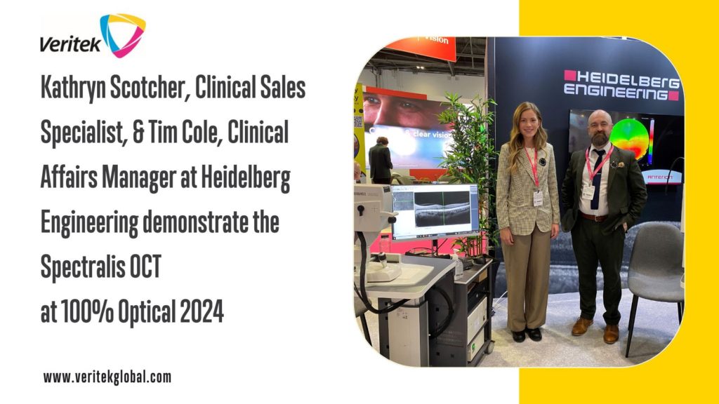 Kathryn Scotcher, Clinical Sales Specialist, & Tim Cole, Clinical Affairs Manager at Heidelberg Engineering demonstrate the Spectralis OCT at 100% Optical 2024 | Veritek