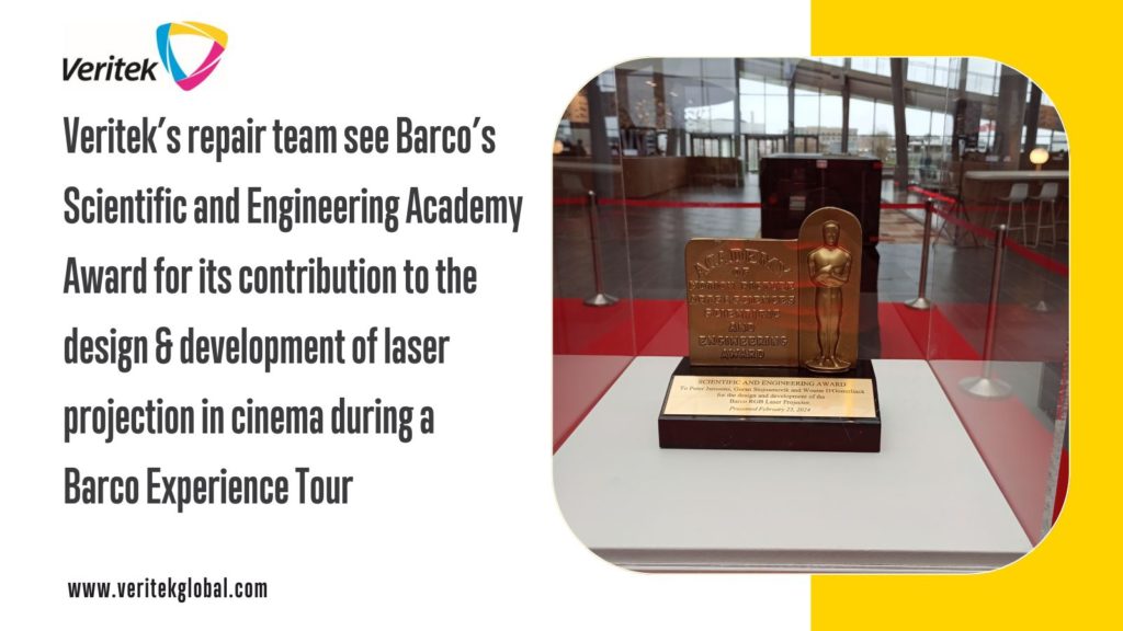Veritek’s repair team see Barco’s Scientific and Engineering Academy Award for its contribution to the design & development of laser projection in cinema during a Barco Experience Tour