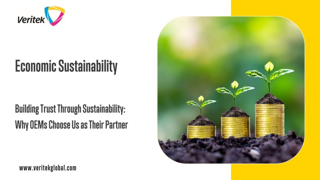 Picture depicting coins and natural growth. Economic Sustainability. Message: Building trust through sustainability | Veritek