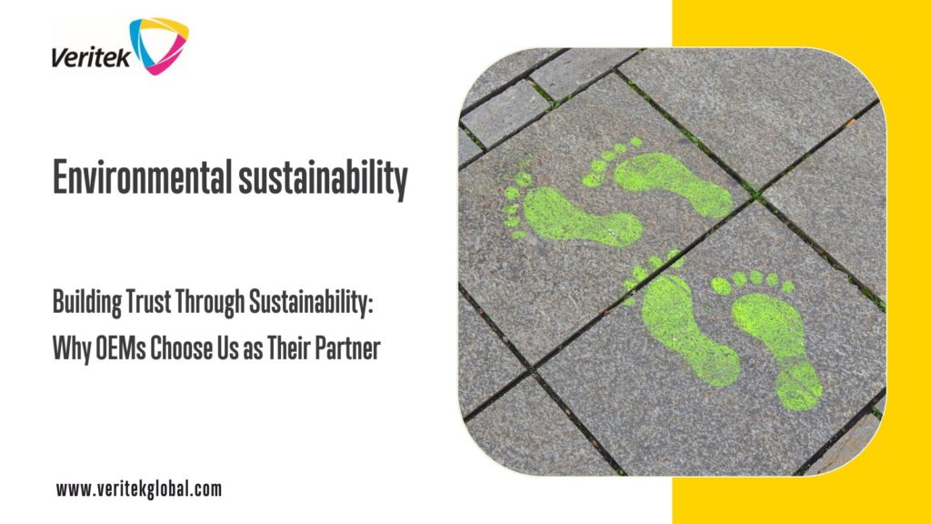 Picture depicting green footprints on a pavement. Message: Environmental sustainability. Building trust through sustainability | Veritek