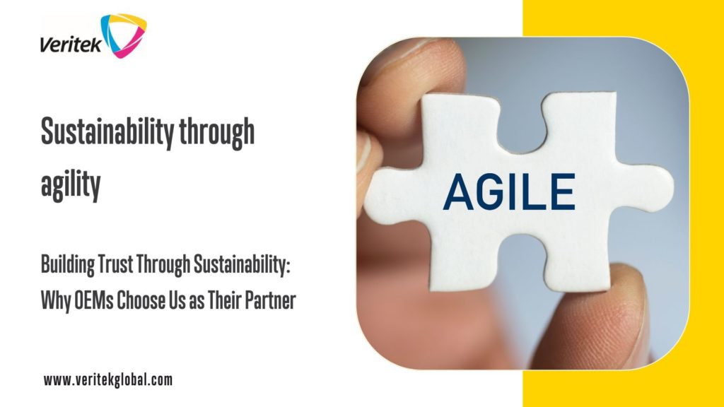 Picture depicting a jigsaw piece with the word Agile on it. Message: Sustainability through agility. Building trust through sustainability | Veritek