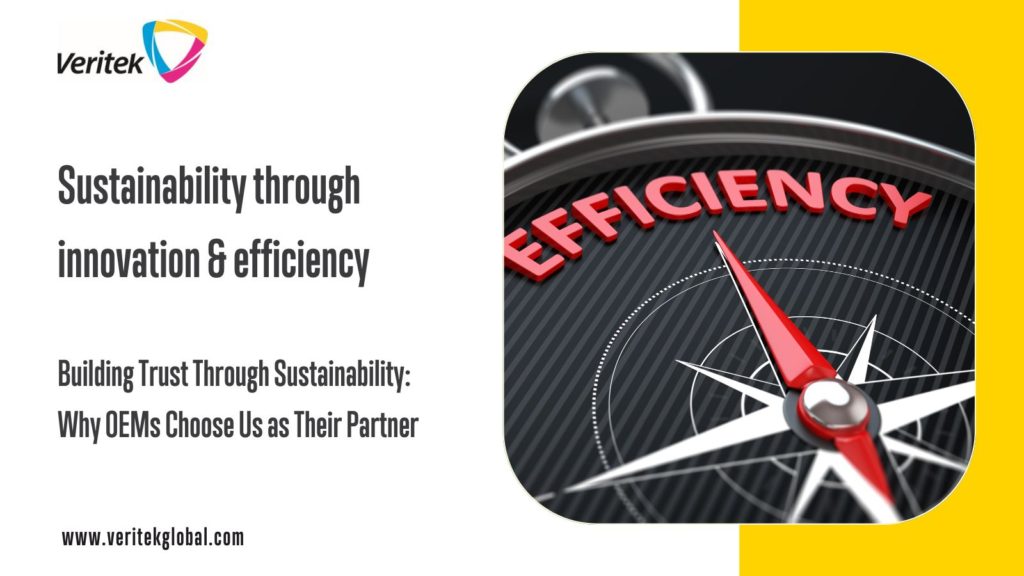 Picture depicting a compass pointing to efficiency. Message: Sustainability through innovation & efficiency. Building trust through sustainability | Veritek