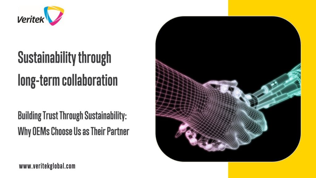 Picture depicting robots shaking hands. Message: Sustainability through long-term collaboration. Building trust through sustainability | Veritek