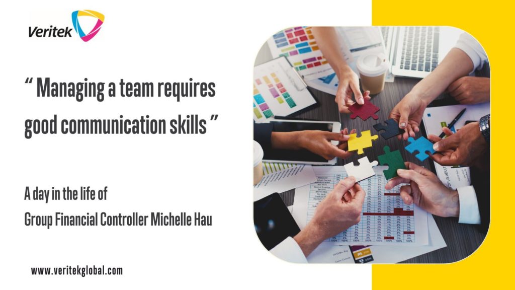 Veritek Financial Controller Michelle Hau explains why managing a team requires good communication skills. Image depicting a team holding jigsaw pieces over a spreadsheet.