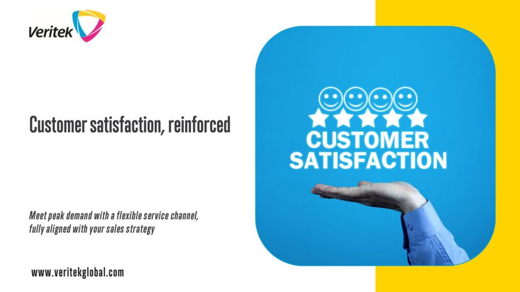 Hand holding up customer satisfaction depicting Customer satisfaction reinforced | Meet peak demand with a flexible service channel | Veritek Global